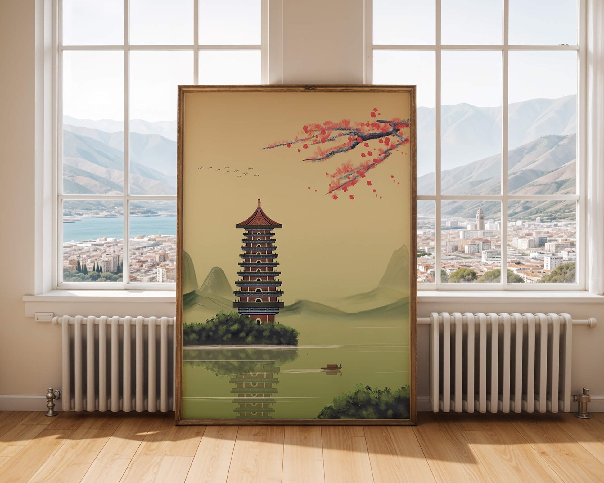Serene landscape with traditional pagoda and blooming cherry blossoms