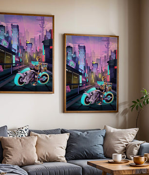Futuristic Cyberpunk Cityscape with Neon Rider and Motorcycle