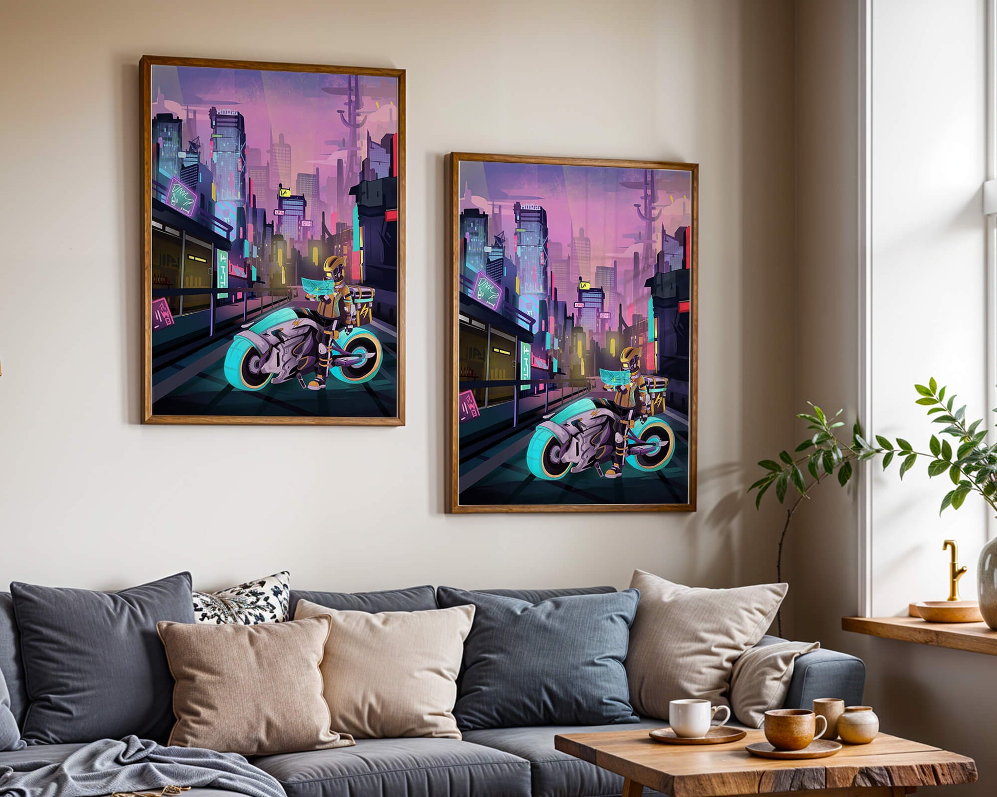 Futuristic Cyberpunk Cityscape with Neon Rider and Motorcycle