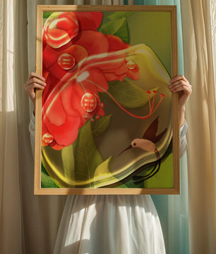 Vibrant floral illustration with hummingbird and lush greenery