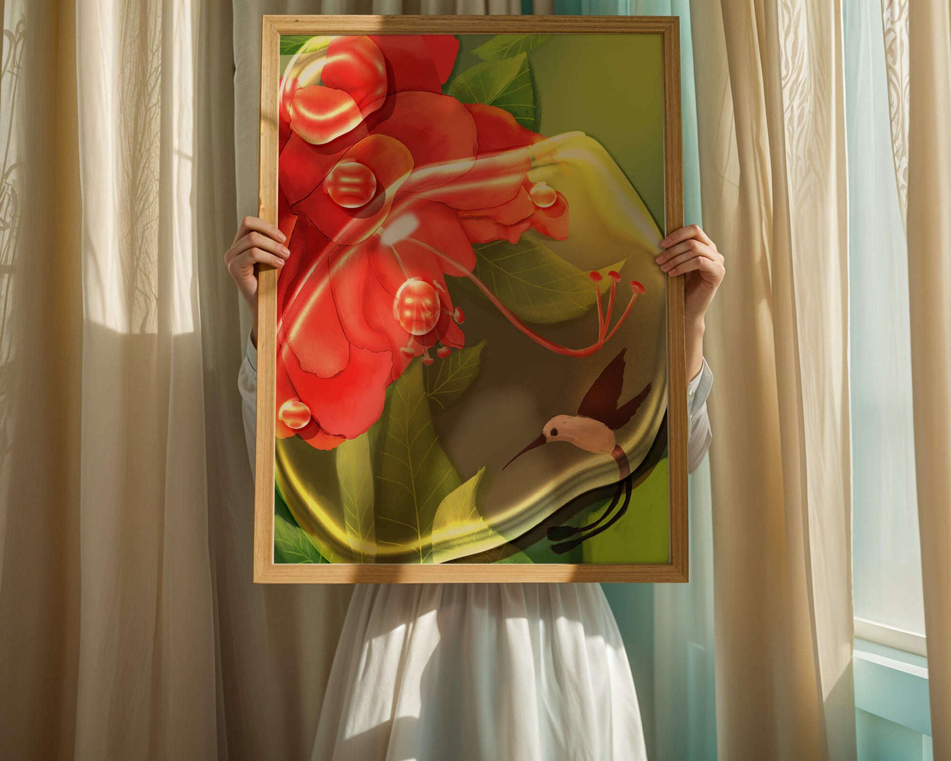 Vibrant floral illustration with hummingbird and lush greenery