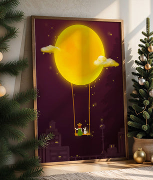Whimsical night scene with a girl and a rabbit on a swing beneath a glowing moon