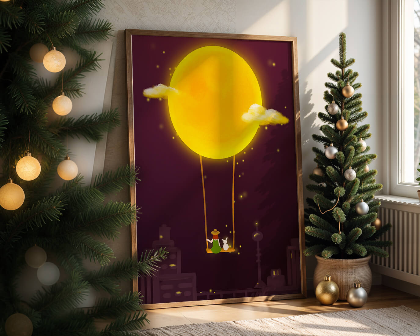 Whimsical night scene with a girl and a rabbit on a swing beneath a glowing moon