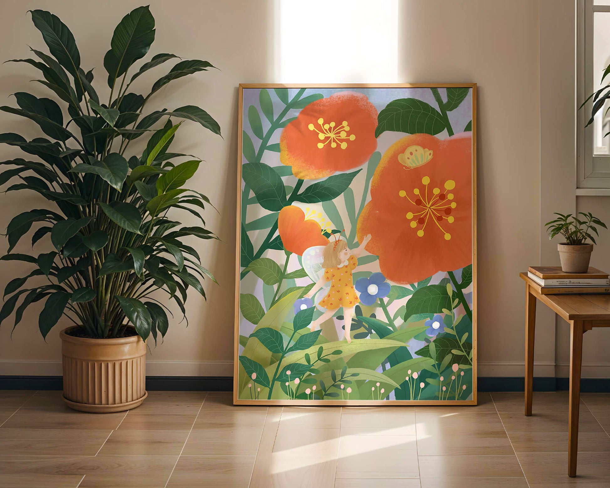 Whimsical illustration of a fairy child in a vibrant floral landscape