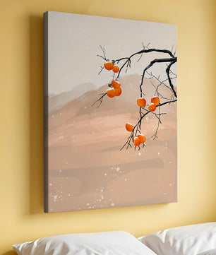 Branch with Persimmons and Snow in Minimalistic Landscape
