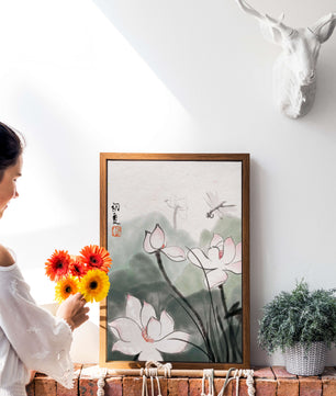 Delicate watercolor of lotus flowers with dragonfly in serene atmosphere
