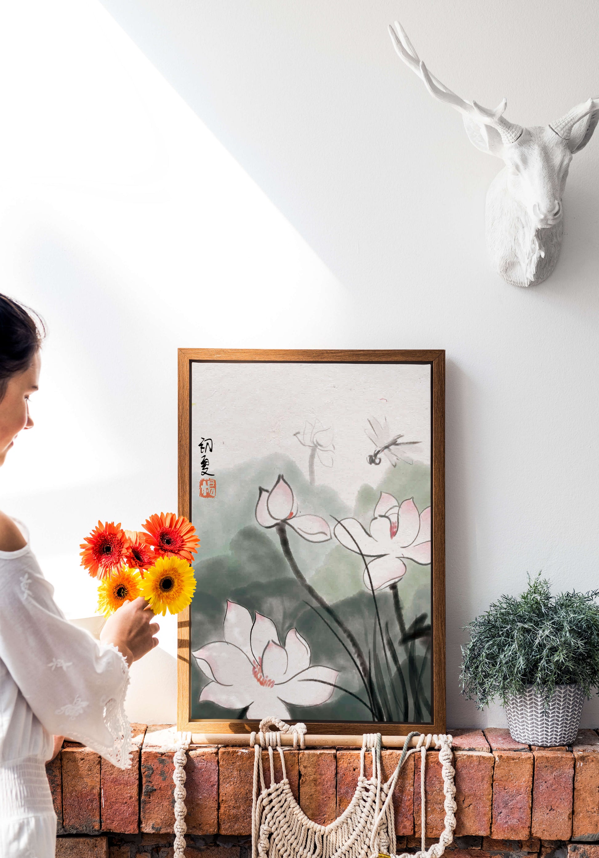 Delicate watercolor of lotus flowers with dragonfly in serene atmosphere