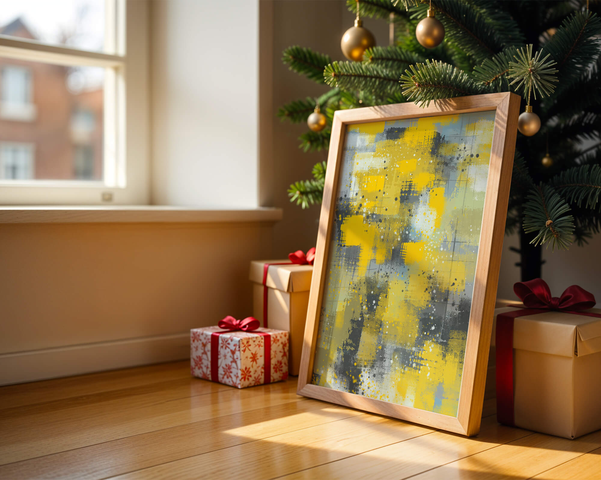 Abstract Yellow and Gray Geometric Art with Textured Patterns - Mi tienda
