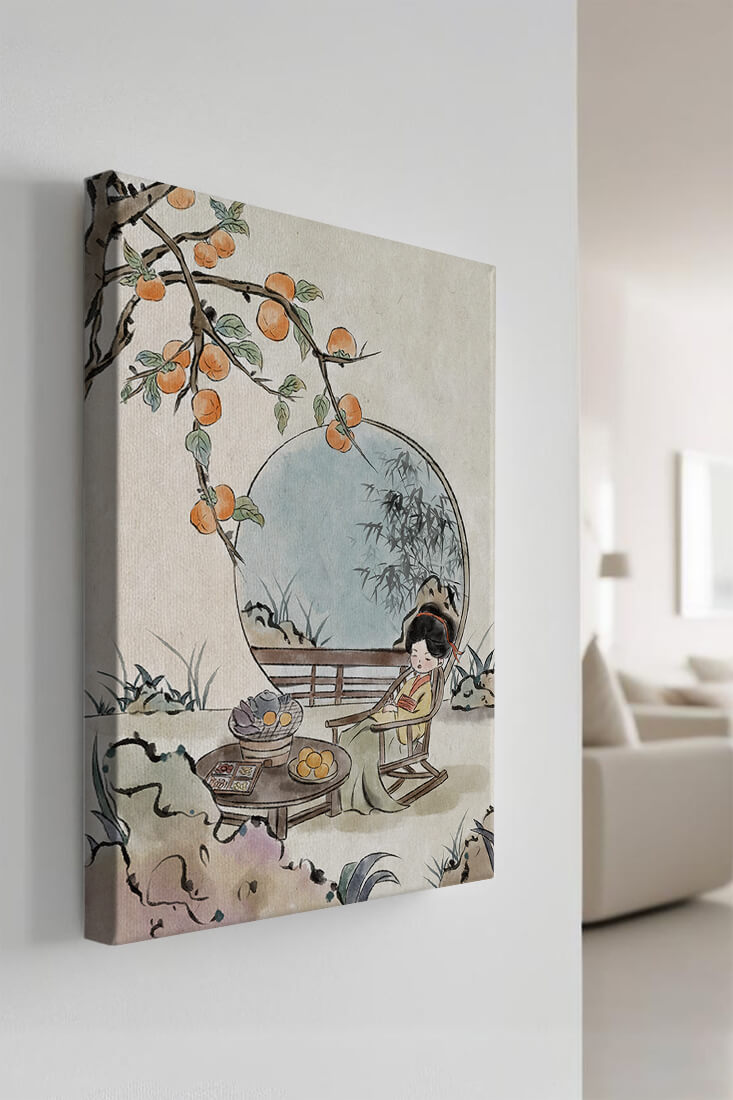 Tranquil garden scene with persimmons and serene figure