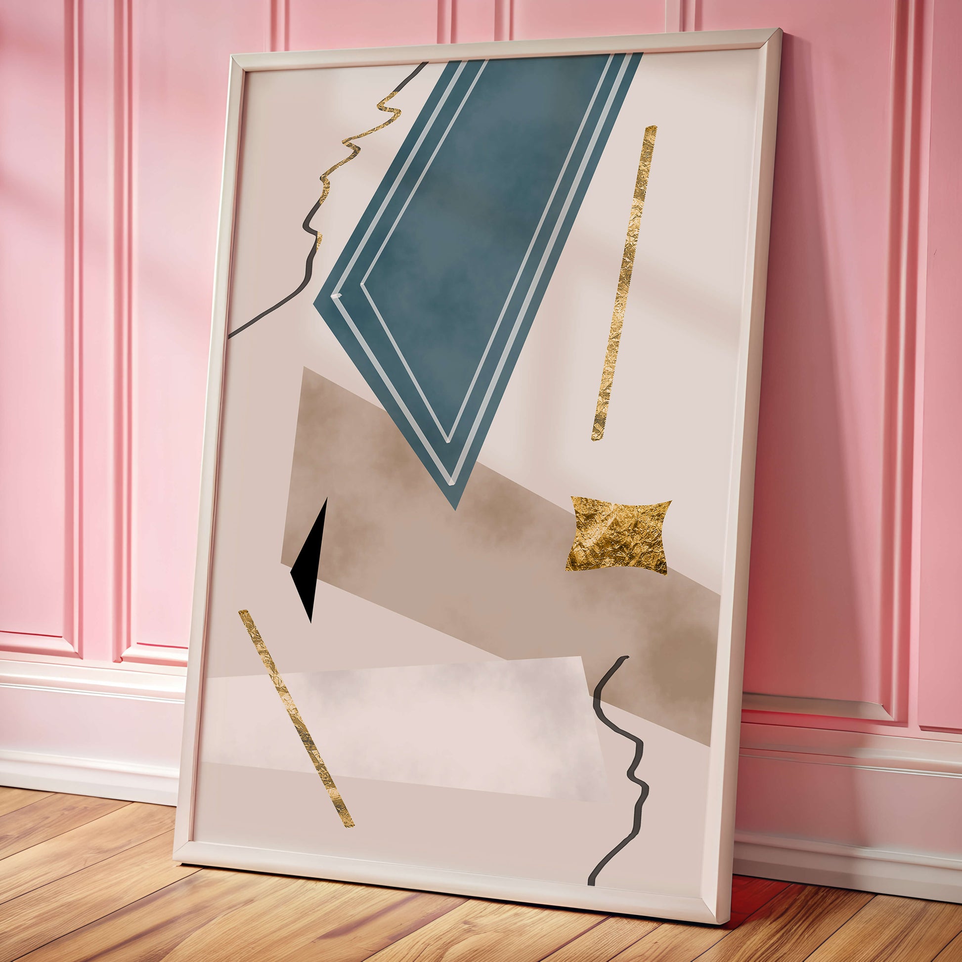 Abstract geometric artwork with gold accents and dynamic shapes