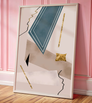 Abstract geometric artwork with gold accents and dynamic shapes