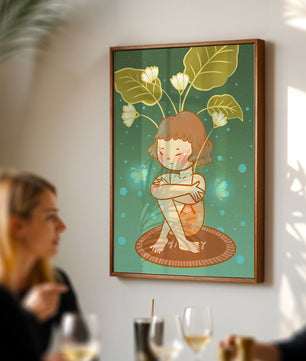 Ilustración de un niño con tocado floral y mariposas