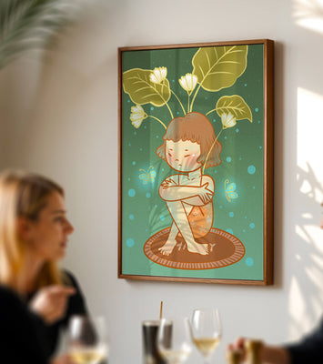 Child with floral headpiece and butterflies illustration
