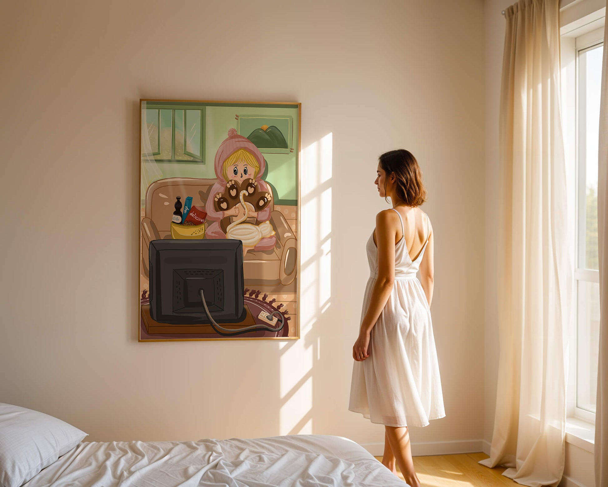 Cozy cartoon scene: person with cat and snacks on a sofa