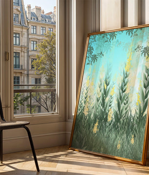 Serene Garden with Tall Green Leaves and Yellow Flowers Under Blue Sky