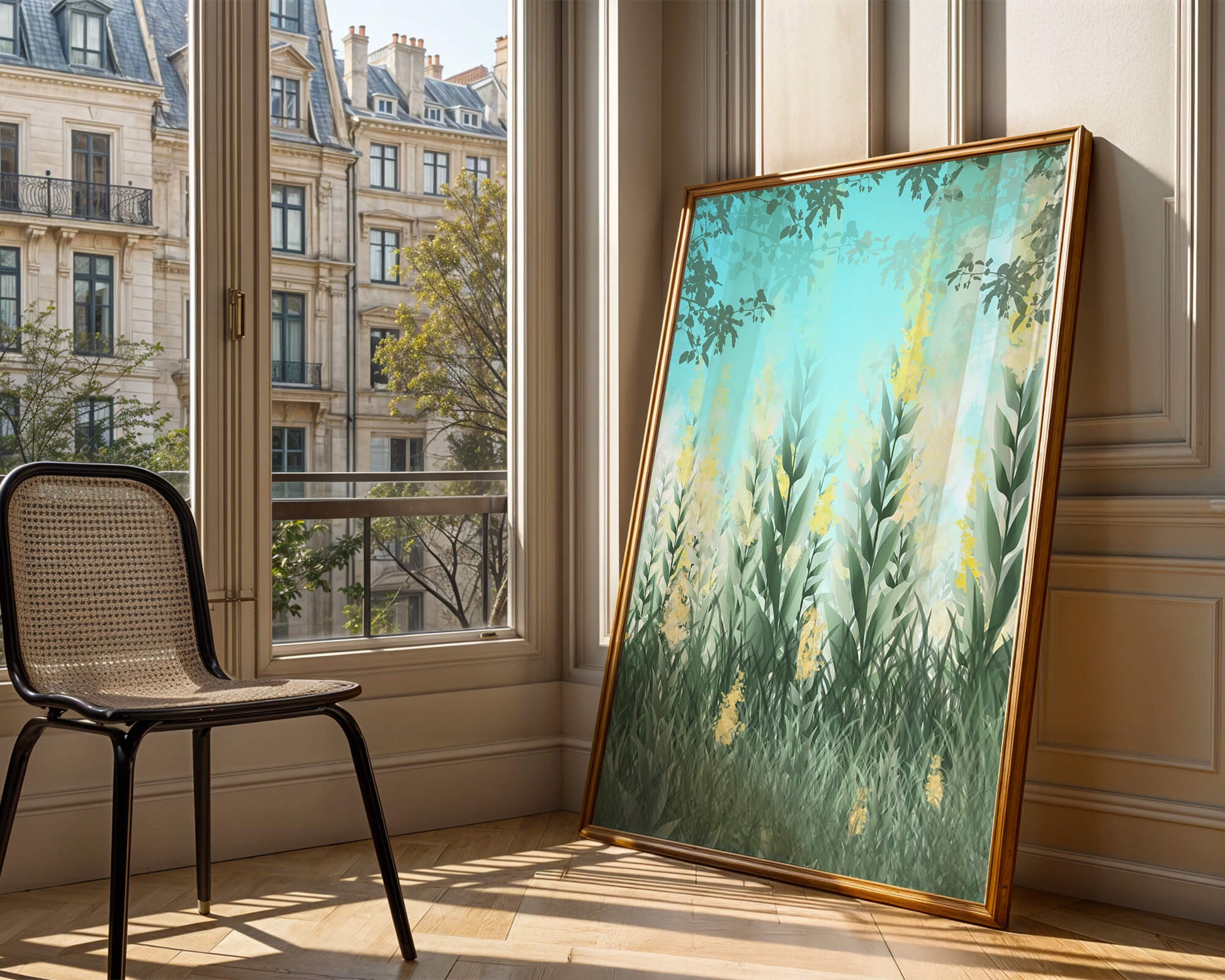 Jardín sereno con hojas verdes altas y flores amarillas bajo el cielo azul