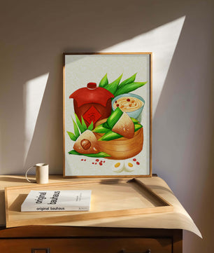 Illustrated traditional Chinese food with zongzi and rice wine