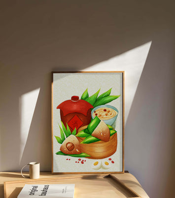 Illustrated traditional Chinese food with zongzi and rice wine
