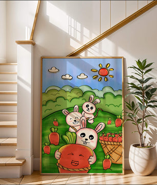 Illustration de lapins espiègles avec des carottes dans un champ ensoleillé
