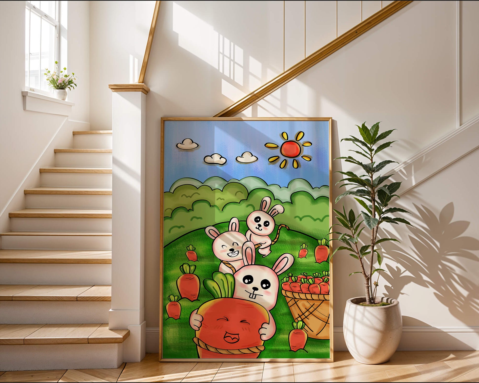 Illustration de lapins espiègles avec des carottes dans un champ ensoleillé