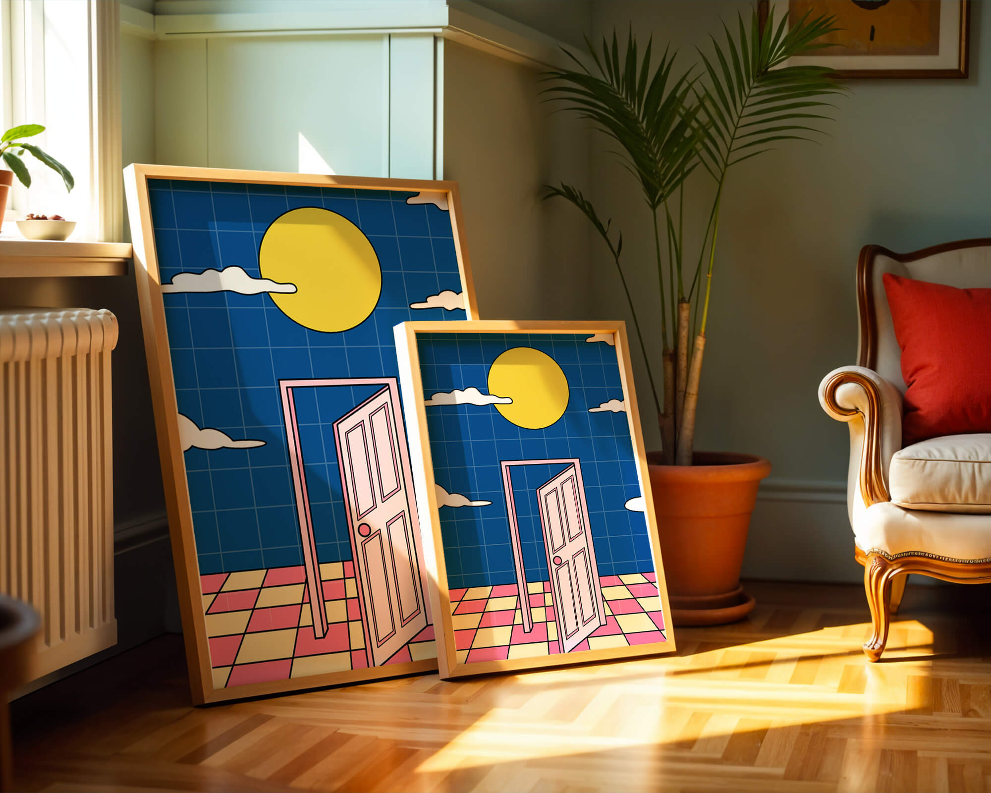 Surreal doorway with pink door under yellow sun and blue sky