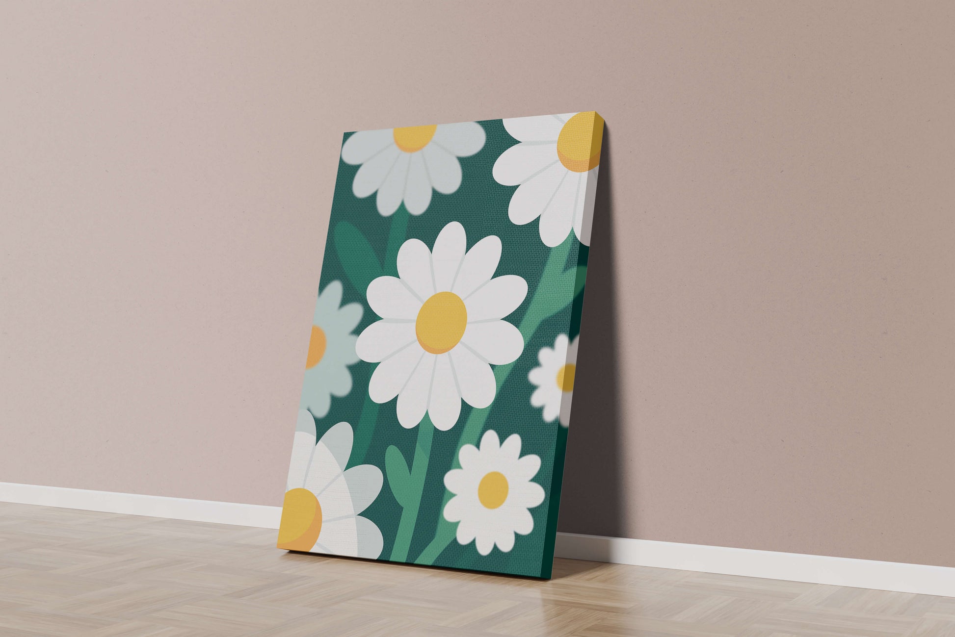 Margaritas sobre fondo verde oscuro con diseño abstracto