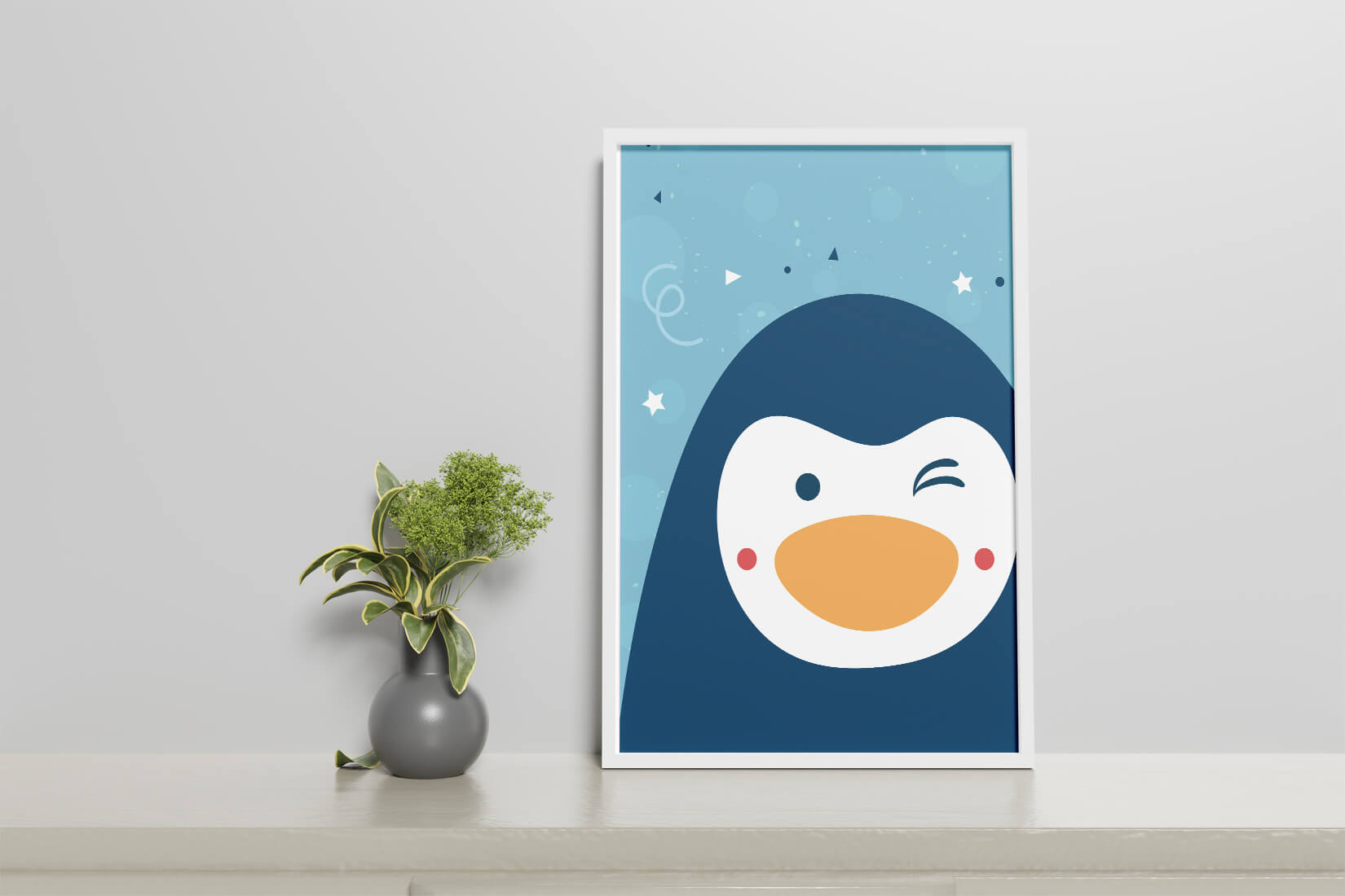 Pingüino de dibujos animados juguetón sobre un fondo azul caprichoso
