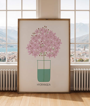 Illustration von Hortensienblüten in einer Vase mit eleganter Linienkunst