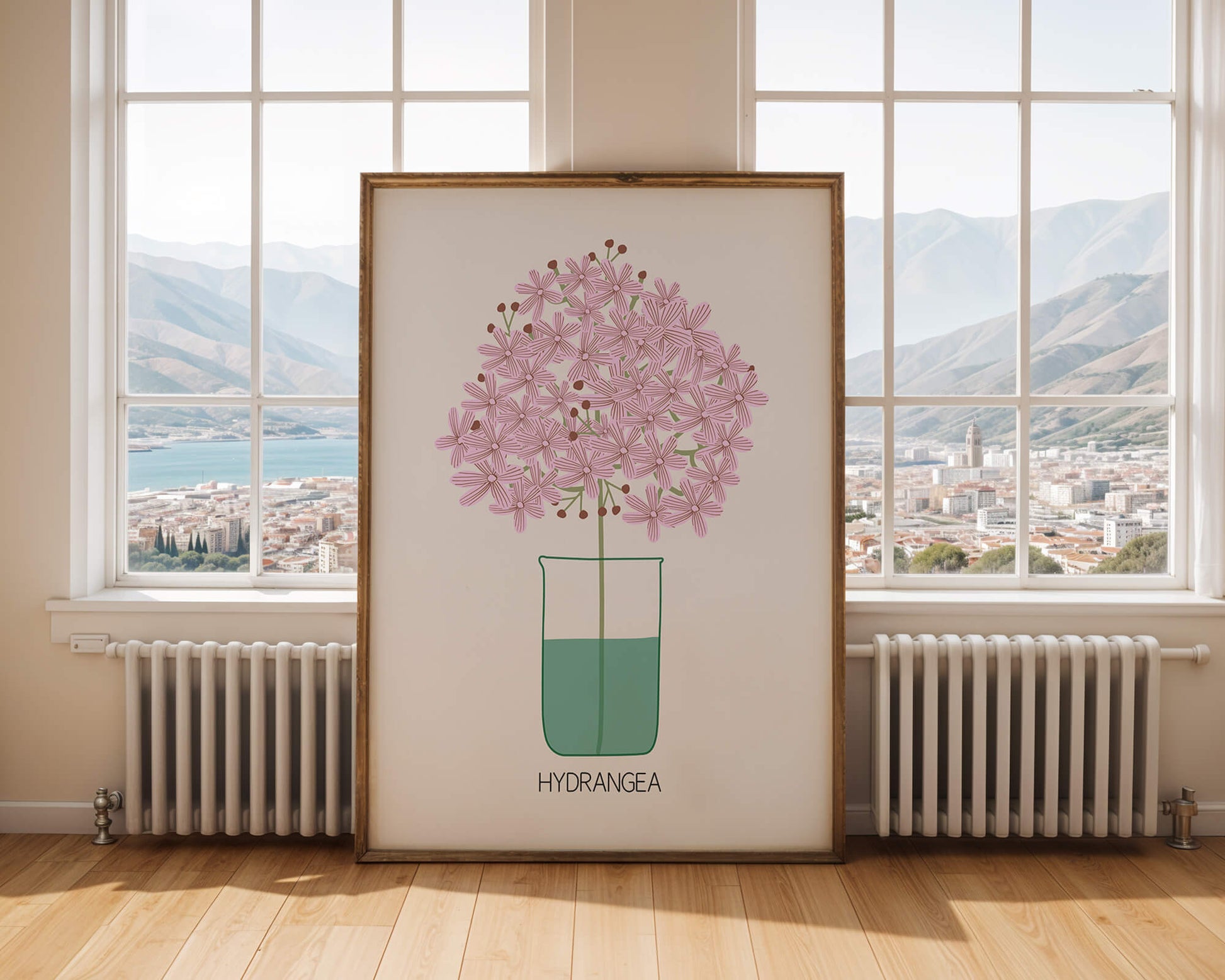 Illustration von Hortensienblüten in einer Vase mit eleganter Linienkunst