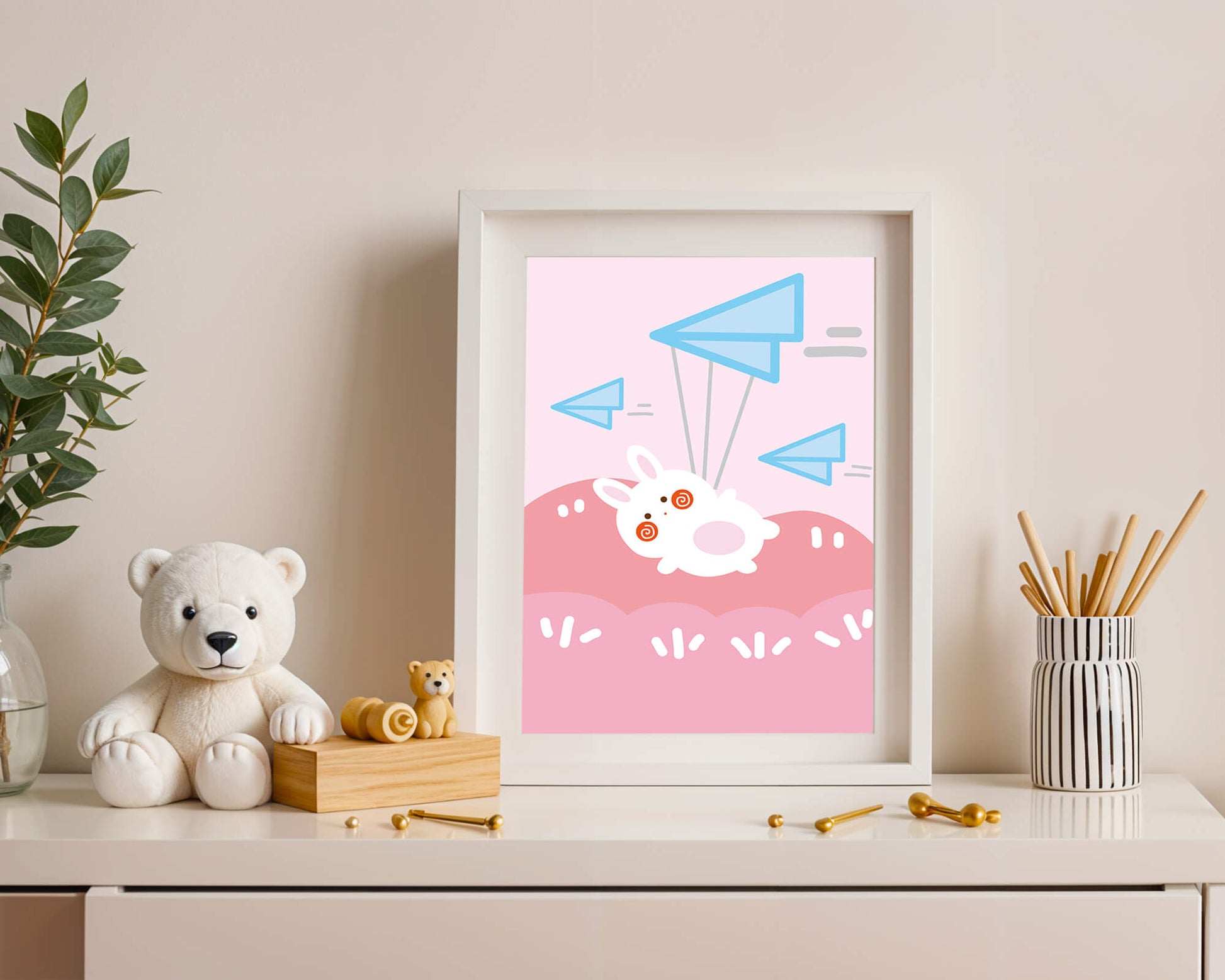 Adorable cartoon bunny flying with paper planes on a pink background
