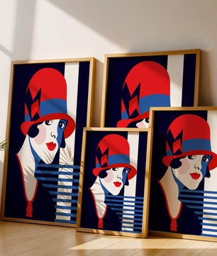 Femme élégante de style art déco avec chapeau cloche rouge et motifs géométriques