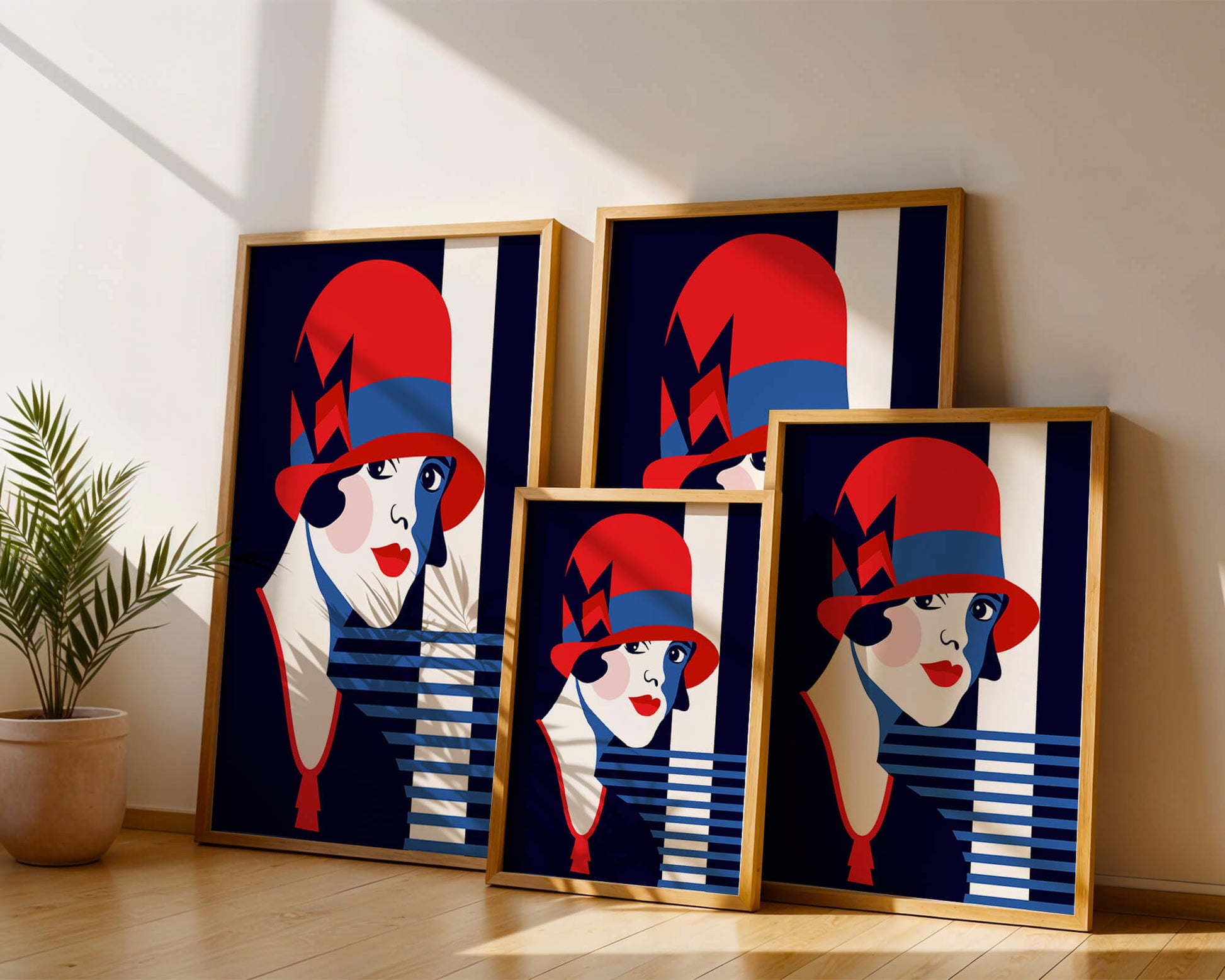 Elegante mujer de estilo art déco con sombrero cloche rojo y patrones geométricos.