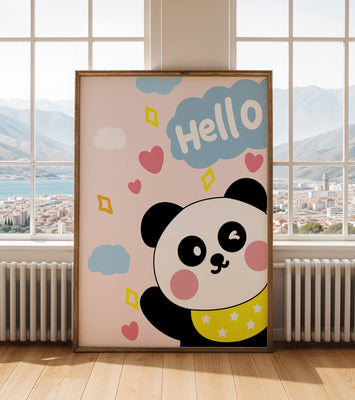 Panda illustration with playful elements and pastel colors