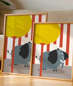 Illustration eines verspielten Elefanten mit einem gelben Ballon in abstrakter Umgebung