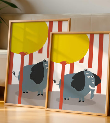 Illustration of a playful elephant with a yellow balloon in abstract setting