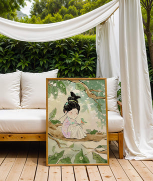 Serene illustration of a girl with a bird in a tree