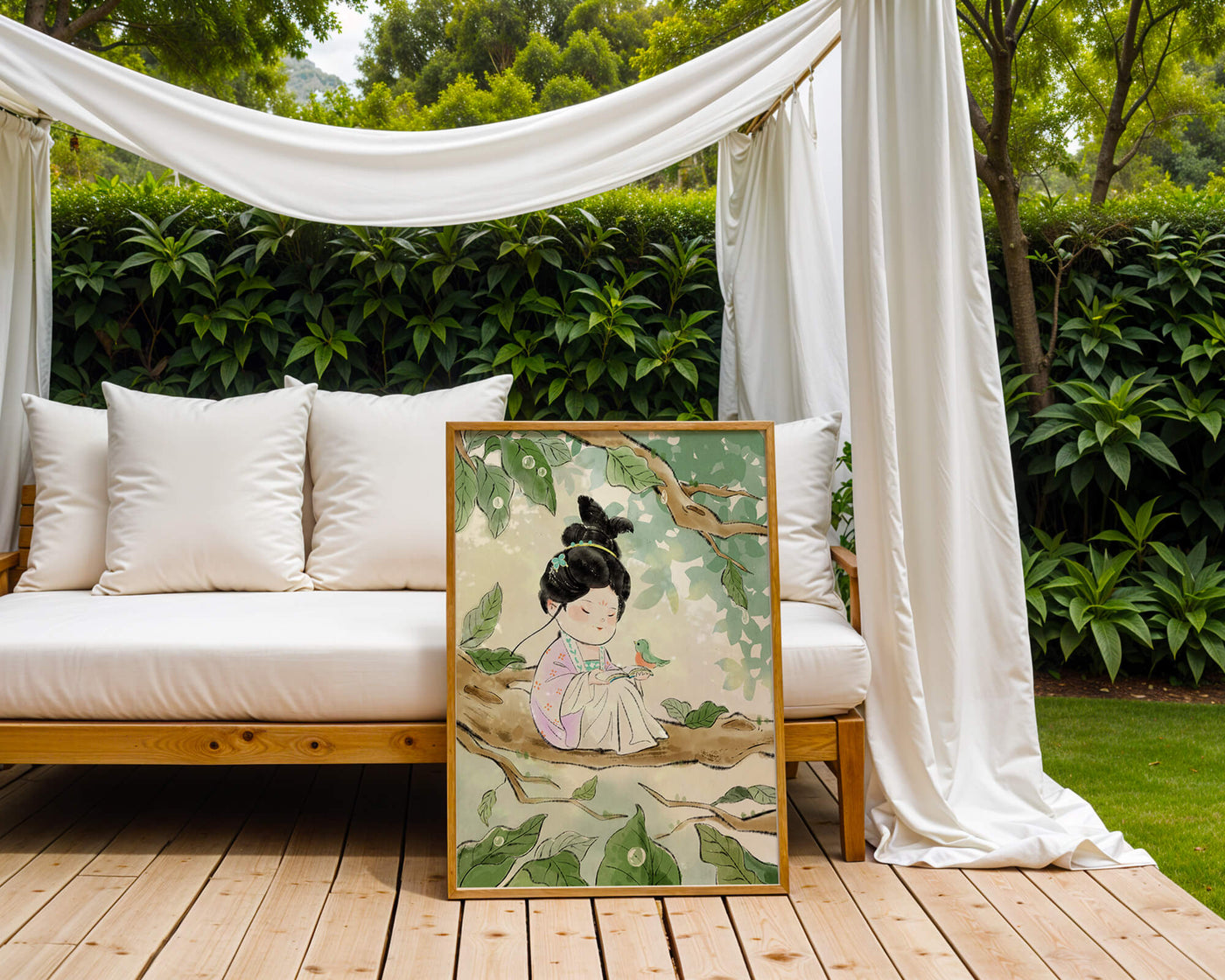 Serene illustration of a girl with a bird in a tree
