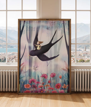 Zauberwald mit Mädchen, das auf einem Vogel zwischen leuchtenden Blumen reitet