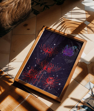 Vivid Night Sky with Red Spider Lilies and Purple Butterfly - Mi tienda