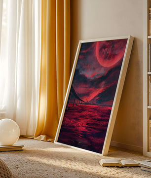 Surreal Scarlet Landscape with Bridge and Celestial Body