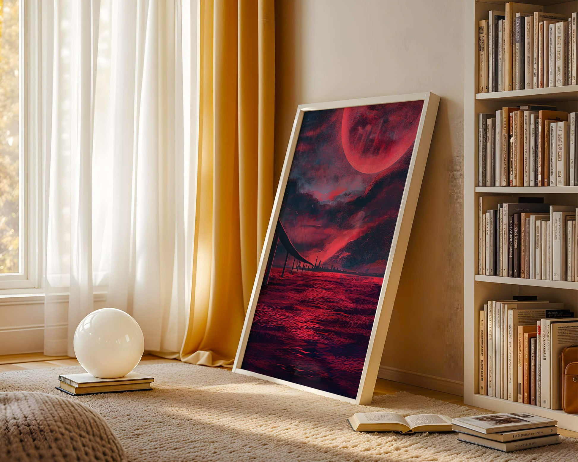 Surreal Scarlet Landscape with Bridge and Celestial Body