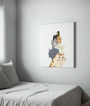 Stack of adorable cartoon cats with diverse patterns and colors