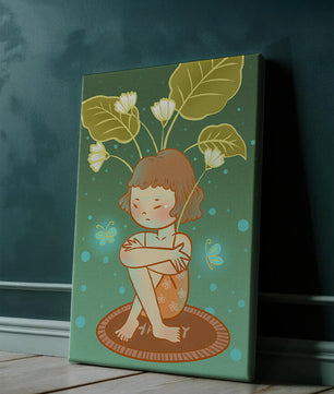 Ilustración de un niño con tocado floral y mariposas
