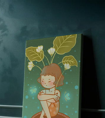 Child with floral headpiece and butterflies illustration