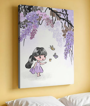 Charmante Illustration eines kleinen Mädchens mit Schmetterlingen und Glyzinienblüten