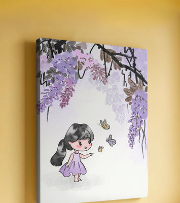 Charming illustration of a little girl with butterflies and wisteria flowers