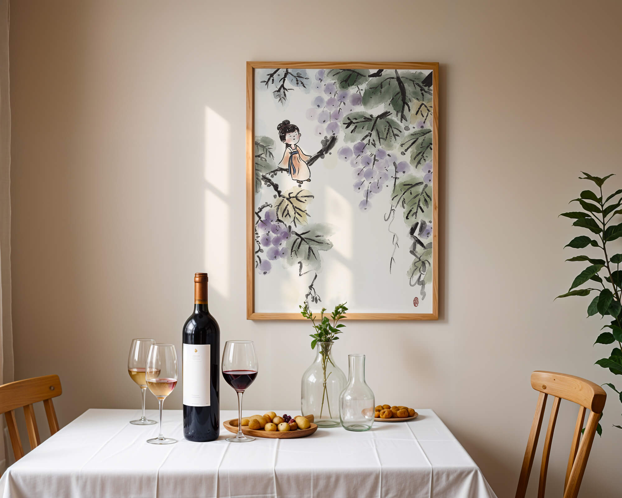 Una chica caprichosa sentada en una rama con bayas moradas y hojas verdes en estilo acuarela