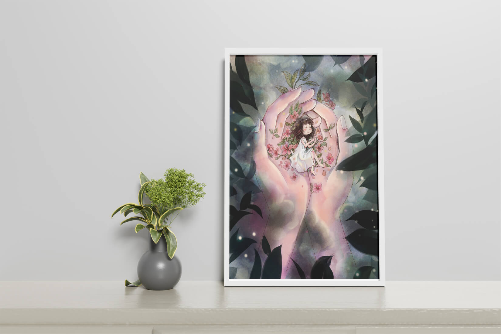 Serene illustration of a child cradled in hands with flowers