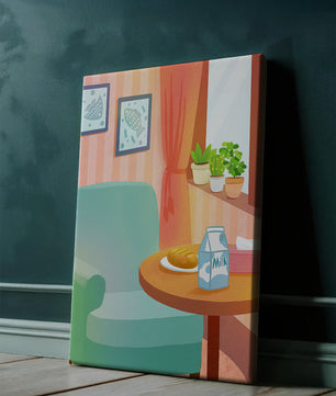 Sala de estar acogedora con mesa y cartón de leche