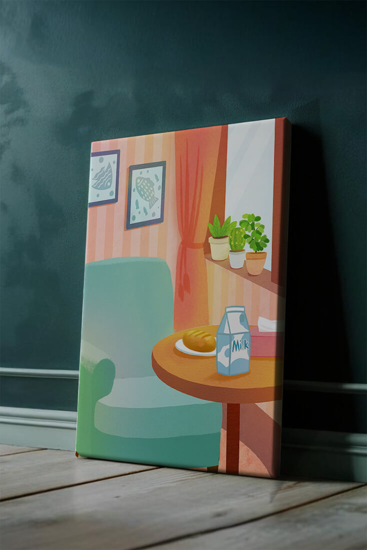 Sala de estar acogedora con mesa y cartón de leche